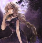  blood blood_on_face breasts flower forest frills full_moon hand_to_mouth long_hair moon moonlight nature original ponytail rabbit19 red_eyes ribbon sitting solo vampire 