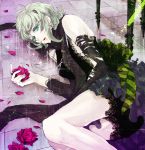  dress flower green_eyes green_hair gumi jewelry just_a_game_(vocaloid) lying necklace on_side pearl petals rose short_hair solo tako_rii vocaloid 