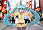  aqua_eyes aqua_hair belt casual city fashion hair_ribbon hatsune_miku hirabaru_kenji leggings long_hair photo_background ribbon solo twintails very_long_hair vocaloid 