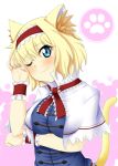  animal_ears blonde_hair blue_eyes breast_hold capelet cat_ears cat_tail hairband head_tilt kemonomimi_mode nitoro-star paw_pose paw_print short_hair smile solo speech_bubble tail touhou wink 