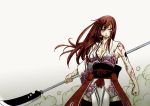  blood cleavage dust erza_scarlet fairy_tail frown japanese_clothes large_breasts long_hair mashima_hiro obi polearm red_hair tattoo thigh-highs weapon 