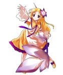  blonde_hair dress flower hair_flower hair_ornament highres kaze_yetworldview long_hair original outstretched_arm outstretched_hand parody purple_eyes ribbon shoes solo style_parody touhou violet_eyes 