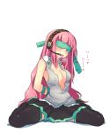  blindfold blush breath cosplay hatsune_miku hatsune_miku_(cosplay) headphones headset long_hair megurine_luka necktie pink_hair s.o_chin saliva simple_background sitting skirt solo thigh-highs thighhighs tied_arms tongue vocaloid 