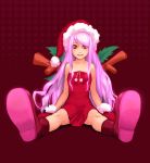  bare_shoulders boots dress gloves hat long_hair polka_dot purple_hair red_dress red_eyes santa_hat simple_background sitting smile solo spread_legs 