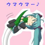  ahoge blue_hair blush blush_stickers closed_eyes detached_sleeves eating hatsune_miku kakushiaji musical_note skirt solo spring_onion thighhighs twintails vocaloid 