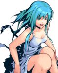  aqua_eyes aqua_hair breasts cleavage dress knees long_hair open_mouth simple_background sitting solo 