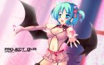  1girl absurdres animal_ears aqua_eyes aqua_hair blue_eyes blush bow breasts cat_ears cleavage demon_tail demon_wings drill_hair fang fingerless_gloves garter_straps garters gloves hair_bow hair_ribbon hatsune_miku headphones headset heart heart_hunter highres natsumiya_yuzu navel open_mouth outstretched_arms project_diva ribbon short_hair short_twintails skirt smile solo spread_arms tail thighhighs twintails vocaloid wings 