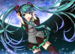  detached_sleeves gradient_hair green_eyes green_hair hands_on_headphones hatsune_miku headphones kumio long_hair moon multicolored_hair necktie night open_mouth skirt solo thigh-highs thighhighs twintails very_long_hair vocaloid 