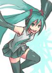  and aqua_eyes aqua_hair bare_shoulders detached_sleeves green_eyes green_hair green_legwear green_thighhighs hatsune_miku headset jumping long_hair necktie open_mouth outstretched_arms skirt smile solo spread_arms thigh-highs thighhighs twintails vocaloid zettai_ryouiki 