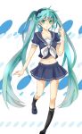  aqua_eyes aqua_hair bad_id bow hairband hatsune_miku kneehighs legs long_hair midriff navel school_uniform skirt socks solo tenka twintails very_long_hair vocaloid 