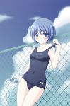  against_fence bare_shoulders blue_eyes blue_hair blush bottle chainlink_fence clothed_navel cloud fence highres kusa_uran navel one-piece_swimsuit original school_swimsuit short_hair solo strap_lift swimsuit swimsuit_pull water_bottle 