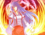  fire fujiwara_no_mokou hand_in_pocket hikaru_(asteriskring) smile solo standing touhou 