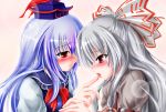  blood blue_hair blush bow finger_suck finger_sucking fujiwara_no_mokou hair_bow hair_ribbon hat kamishirasawa_keine lilyl0ve long_hair multiple_girls red_eyes ribbon silver_hair touhou yuri 