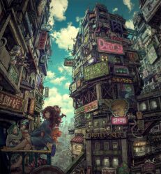  2girls absurdly_detailed_composition animal balcony bandaid bandaid_on_face billboard bird blue_bird blue_kimono blue_robe blue_sky book breasts brown_hair building chinese_text city cityscape clouds complex_exterior day english_text flat_chest flip-flops green_eyes green_hair grey_sweater highres holding holding_book japanese_clothes junpei_(juntonanotukunanika) kimono long_hair looking_at_animal looking_at_viewer multiple_girls obi on_railing orange_sash original ponytail poster_(object) railing red_eyes robe sandals sash scenery sign sky skyscraper small_breasts sweater yukata 