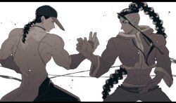  2boys abs absurdly_long_hair absurdres arm_up bare_shoulders baseball_cap belt braid bridal_gauntlets closed_mouth commentary_request cropped_jacket eye_contact feet_out_of_frame fighting_stance fingernails greyscale groin hat highres jacket jamie_siu letterboxed long_hair looking_at_another male_focus mhmk_game midriff monochrome multiple_boys muscular muscular_male open_mouth pants profile rope_belt single_bang single_braid sleeveless smile standing street_fighter street_fighter_6 street_fighter_iii_(series) very_long_hair yun_lee 