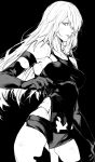  1girl a2_(nier:automata) absurdres android bare_shoulders black_dress black_gloves breasts dress elbow_gloves gloves greyscale highres joints long_hair looking_at_viewer medium_breasts mole mole_under_mouth monochrome nier:automata nier_(series) nishiii26miii robot_joints shorts solo tank_top thigh-highs white_hair 