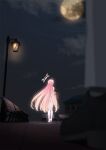  1girl ahoge bench blue_archive braid cyelho from_behind full_body full_moon halo hanako_(blue_archive) long_hair moon night outdoors pink_hair pink_halo single_braid solo standing 
