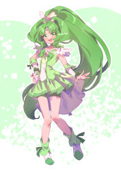  1girl boots bow bowtie brooch choker circlet cure_march dot_nose eyelashes feather_sleeves footwear_ribbon frilled_skirt frills full_body green_background green_bow green_bowtie green_choker green_eyes green_hair green_leg_warmers green_ribbon green_shirt green_shorts green_skirt green_theme green_wrist_cuffs hair_ornament hairpods hand_on_own_hip high_ponytail jewelry knees leg_warmers light_blush long_hair looking_at_viewer magical_girl midorikawa_nao miniskirt open_mouth outline parted_bangs pleated_skirt ponytail precure ribbon serizawa_serizane shirt short_sleeves shorts shorts_under_skirt skirt skirt_set smile smile_precure! solo standing teeth train_(clothing) twitter_username two-tone_background upper_teeth_only very_long_hair white_arm_warmers white_background white_boots white_outline white_sleeves wing_hair_ornament wrist_cuffs 