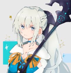  1girl black_bow blue_eyes bow braid fate/grand_order fate_(series) hair_bow half_up_braid looking_at_viewer mizumizu0020 morgan_le_fay_(fate) morgan_le_fay_(second_ascension)_(fate) polearm ponytail solo spear weapon white_hair 