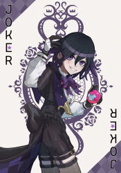  1boy alternate_costume black_capelet black_hair black_shorts black_thighhighs blush bow bowtie buttons capelet card commentary danganronpa_(series) danganronpa_v3:_killing_harmony english_text explosive flipped_hair flower frilled_shirt frills from_side gloves grenade grin hair_between_eyes hand_up highres holding holding_grenade joker_(playing_card) long_sleeves looking_at_viewer male_focus medium_hair oma_kokichi playing_card puffy_sleeves purple_bow purple_bowtie purple_hair purple_ribbon ribbon rose saigawa_genshin shirt shorts simple_background smile solo suspenders teardrop_facial_mark thigh-highs 