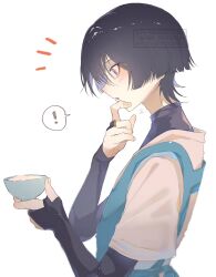  ! 1boy adam&#039;s_apple apron black_bodysuit black_bridal_gauntlets black_hair blue_apron blunt_ends bodysuit bowl bridal_gauntlets choppy_bangs eyelashes eyeliner eyeshadow finger_to_face fingernails from_side genshin_impact gold_ring highres holding holding_bowl japanese_clothes kimono light_blush looking_at_food looking_down makeup male_focus middle_ring nero_hanken notice_lines open_mouth profile red_eyeliner red_eyeshadow rice rice_bowl scaramouche_(genshin_impact) short_sleeves solo spoken_exclamation_mark turtleneck turtleneck_bodysuit upper_body violet_eyes wanderer_(genshin_impact) watermark white_background white_kimono white_sleeves 