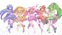  5girls aoki_reika arm_up big_hair blonde_hair blue_bow blue_bowtie blue_eyes blue_hair blue_shirt blue_shorts blue_skirt blue_wrist_cuffs blunt_bangs boots bow bowtie brooch circlet clenched_hand closed_mouth coattails commentary_request cure_beauty cure_happy cure_march cure_peace cure_sunny curly_hair dot_nose double_v earrings eyelashes feather_sleeves floating_hair footwear_bow footwear_ribbon frilled_skirt frills full_body green_bow green_bowtie green_eyes green_hair green_leg_warmers green_ribbon green_shirt green_shorts green_skirt green_wrist_cuffs hair_between_eyes hair_bun hair_ornament hair_tubes hand_up happy high_heel_boots high_heels high_ponytail hino_akane_(smile_precure!) hoshizora_miyuki jewelry kise_yayoi knee_boots leg_up leg_warmers light_blush long_hair long_sidelocks low_twintails magical_girl midorikawa_nao miniskirt multiple_girls one_eye_closed open_mouth orange_bow orange_bowtie orange_eyes orange_hair orange_ribbon orange_shirt orange_shorts orange_skirt orange_wrist_cuffs parted_bangs pink_bow pink_bowtie pink_eyes pink_hair pink_ribbon pink_shirt pink_shorts pink_skirt pink_wrist_cuffs pleated_skirt ponytail precure ribbon serizawa_serizane shirt short_hair short_sleeves shorts shorts_under_skirt sidelocks signature single_hair_bun skirt skirt_set smile smile_precure! standing swept_bangs tareme teeth thigh_boots tiara twintails upper_teeth_only v very_long_hair white_background white_boots white_sleeves wing_earrings wing_hair_ornament wrist_cuffs yellow_bow yellow_bowtie yellow_eyes yellow_shirt yellow_shorts yellow_skirt yellow_wrist_cuffs 