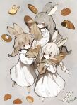  3girls animal_ears baguette blush braid bread brown_eyes brown_hair brown_rabbit commentary doughnut dress drill_hair flower food full_body grey_background grey_hair highres holding holding_food long_sleeves looking_at_viewer multiple_girls original parted_lips rabbit_ears rabbit_girl red_eyes shirokujira simple_background white_dress white_flower white_hair 