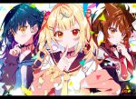  3girls absurdres ahoge animal_ears black_sailor_collar blonde_hair blue_hair blue_nails blue_necktie blush_stickers brown_eyes brown_hair colored_inner_hair commentary_request fox_ears fumi_(nijisanji) hair_ornament hairclip heterochromia highres hoshikawa_sara ichijo_rei long_hair multicolored_hair multiple_girls necktie nijisanji orange_eyes purple_hair red_eyes red_necktie sailor_collar twintails virtual_youtuber x_hair_ornament yamagami_karuta yellow_eyes yellow_necktie 