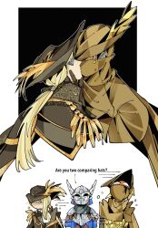  1girl armor ascot blindfold blonde_hair blush brother_and_sister drenched-in-sunlight duchess_(elden_ring) elden_ring elden_ring_nightreign helmet highres ironeye_(elden_ring) kiss long_hair mask ponytail siblings simple_background white_ascot wylder_(elden_ring) 
