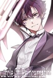  1boy bow bowtie closed_mouth demon_boy demon_wings double-parted_bangs dress_shirt english_text facial_tattoo fangs fork hair_between_eyes highres jacket kamimiya_minato kyoukai_no_rinne looking_to_the_side male_focus masato_(kyoukai_no_rinne) pointy_ears purple_bow purple_bowtie purple_hair purple_suit purple_tattoo shirt short_hair skin_fangs slit_pupils solo studded_jacket suit tattoo upper_body violet_eyes wings 