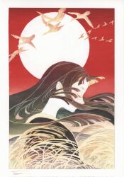  1girl bird black_hair black_kimono border card_(medium) closed_eyes commentary floating_hair flying from_side full_moon goose grass hanafuda highres hime_cut japanese_clothes kimono long_hair moon original outdoors painting_(medium) pointy_ears red_sky s.tokimura signature sky solo susuki_grass tall_grass traditional_media upper_body v_formation watercolor_(medium) white_border wind 