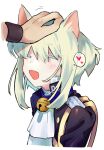  2boys :d animal_ears ascot bell black_jacket blonde_hair blue_collar blush cat_boy cat_ears cat_tail closed_eyes collar fang galo_thymos happy headpat heart highres jacket kemonomimi_mode lio_fotia male_focus multiple_boys neck_bell otoko_no_ko out_of_frame promare rinno_promare short_hair sidelocks smile solo_focus spoken_heart tail violet_eyes white_ascot wristband 