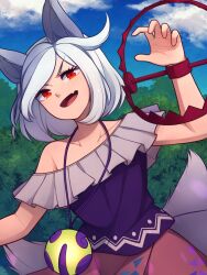  >:) 1girl animal_ears arm_up bear_trap blue_sky claw_pose clouds commentary dutch_angle english_commentary fang frilled_shirt_collar frills from_below grey_hair highres jewelry looking_at_viewer mitsugashira_enoko multicolored_hair multiple_tails necklace off-shoulder_shirt off_shoulder open_mouth outdoors patterned_clothing pink_skirt purple_shirt red_eyes shirt short_hair skin_fang skirt sky sleeveless sleeveless_shirt smile solo speckticuls swept_bangs tail touhou tree two-tone_hair upper_body v-shaped_eyebrows white_hair wolf_ears wolf_girl wolf_tail 