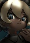  1girl bea_(pokemon) black_hairband blue_background blue_eyes dark-skinned_female dark_skin film_grain frown hair_between_eyes hairband hand_up highres light_brown_hair pokemon pokemon_(game) pokemon_swsh portrait short_hair simple_background solo split_mouth tenshinhannnn 