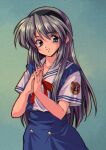  1990s_(style) 1girl blue_background blue_eyes blue_skirt clannad grey_hair highres hikarizaka_private_high_school_uniform long_hair longmei_er_de_tuzi looking_at_viewer own_hands_together retro_artstyle sakagami_tomoyo school_uniform shirt skirt smile solo white_shirt 