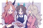  3girls animal_ears black_hair braid breasts brown_hair casual closed_eyes commentary_request copano_rickey_(umamusume) english_text engrish_text fang food grey_hair highres hokko_tarumae_(umamusume) horse_girl long_braid long_hair medium_breasts medium_hair mizin_kosutin multiple_girls open_mouth pizza ranguage simple_background sweat translation_request twin_braids umamusume violet_eyes white_background wonder_acute_(umamusume) 