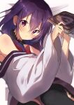  1girl absurdres black_thighhighs blush book closed_mouth highres holding holding_book kootee-on long_hair long_sleeves looking_at_viewer miniskirt purple_hair purple_skirt skirt solo sweatdrop thigh-highs urara_meirochou violet_eyes yukimi_koume zettai_ryouiki 