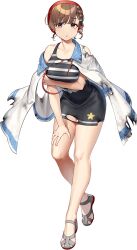  1girl akasaka_yuzu arm_across_chest asahi_(kancolle) asahi_(summer)_(kancolle) black_dress braid breasts brown_hair cape dress full_body grey_eyes hand_on_own_thigh hat kantai_collection large_breasts looking_at_viewer mole mole_under_mouth official_alternate_costume official_art red_hat sandals short_dress short_hair side_braid single_braid solo standing striped_clothes striped_dress torn_clothes transparent_background white_cape 