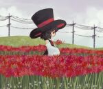  1other androgynous black_coat black_hair black_headwear brown_eyes closed_mouth coat detached_sleeves enraku_tsubakura field film_grain flower flower_field grey_sky gzpxllztt hat hat_ribbon highres holding holding_flower len&#039;en neck_ribbon other_focus outdoors red_flower red_ribbon ribbon shirt short_hair sky sleeveless sleeveless_coat solo spider_lily utility_pole white_shirt white_sleeves 