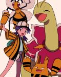 1girl :d beedrill belt belt_buckle brown_belt buckle casey_(pokemon) commentary_request elekid eyelashes hat highres holding jacket long_hair looking_at_viewer meganium open_clothes open_jacket open_mouth outstretched_arm pokemon pokemon_(anime) pokemon_(classic_anime) pokemon_(creature) purple_hair shirt shorts smile striped striped_shorts twintails tyako_089 vertical-striped_shorts vertical_stripes violet_eyes white_background white_headwear white_shorts 