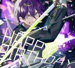  1boy black_background black_jacket black_pants commentary_request dated green_eyes grey_vest grin highres holding holding_sword holding_weapon jacket katana kenmochi_touya looking_at_viewer male_focus miyukiyo multicolored_background nijisanji open_clothes open_jacket pants purple_background purple_hair saturated screen short_hair smile solo sparkle sweater_vest sword twitter_username upper_body vest virtual_youtuber weapon 