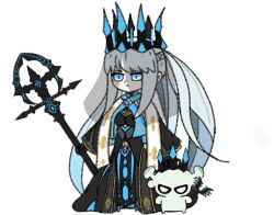  1girl black_dress black_gloves blue_eyes con_(fate) crown dress fate/grand_order fate_(series) gloves hair_between_eyes highres long_hair morgan_le_fay_(fate) morgan_le_fay_(queen_of_winter)_(fate) nekosuki0127 polearm ponytail spear veil very_long_hair weapon 