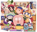 1other 2girls 6+boys :d :o ^_^ adeleine amiibo angry armor bandana bandana_waddle_dee bed bendedede beret blue_bandana blue_eyes blue_sky blush border bow brown_eyes brown_hair can cape chuchu_(kirby) closed_eyes closed_mouth clouds collared_shirt commentary controller coo_(kirby) copy_ability curtains cushion day doorway drawing english_commentary figure fur-trimmed_jacket fur_trim game_controller gloves gooey_(kirby) green_headwear green_shirt hair_ornament hairclip hands_up hat highres holding holding_controller holding_game_controller holding_polearm holding_sword holding_weapon indoors jacket joy-con king_dedede kirby kirby&#039;s_return_to_dream_land_deluxe kirby_(series) long_sleeves magolor mask maxim_tomato meta_knight nago_(kirby) on_floor one_eye_closed open_clothes open_jacket open_mouth outside_border paper parted_bangs pauldrons picture_frame pillow pitch_(kirby) playing_games pointing polearm poster_(object) red_bow red_headwear red_jacket ribbon_(kirby) shelf shirt short_hair short_sleeves shoulder_armor sidelocks sitting sky smile spear speech_bubble star_(symbol) star_pillow star_print string_of_flags sweatdrop sword sword_kirby tomato tree v-shaped_eyebrows video_game weapon whispy_woods white_border white_gloves wide-eyed window wooden_floor yellow_eyes