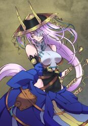  1girl arm_at_side armband bare_hips bare_shoulders belt belt_pouch black_arm_warmers black_armband black_dress black_hat blue_dress brown_belt china_dress chinese_clothes dress duel_monster facing_to_the_side fake_horns fleurdelis_(yu-gi-oh!) hair_over_one_eye hand_on_weapon hat highres holding holding_sheath holding_sword holding_weapon horned_hat horned_headwear horns jingasa long_hair looking_to_the_side multiple_weapons ofuda ofuda_on_head one_eye_covered pouch purple_hair scabbard sheath sword the_iris_swordsoul turning_head two-tone_dress violet_eyes weapon white_dress wind y_shiku yellow_background yu-gi-oh! 