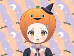 1girl :o black_headwear black_shirt blush brown_eyes chitosezaka_suzu clenched_hands commentary_request crescent forehead hands_up hat highres jack-o&#039;-lantern looking_at_viewer mini_hat neck_ribbon open_mouth orange_background original pumpkin_hat purple_background red_ribbon ribbon sacabambaspis shirt solo star_(symbol) sweatdrop tilted_headwear two-tone_background upper_body 