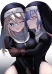  2girls absurdres black_veil blonde_hair blue_eyes commission fang fangs glasses highres jiseki_rena looking_at_viewer multiple_girls nun original pixiv_commission red_eyes siblings sisters thighs vampire veil 