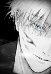  1boy blue_eyes close-up gojou_satoru greyscale highres jujutsu_kaisen looking_at_viewer male_focus monochrome nay_bb parted_lips portrait shirt short_hair simple_background solo spot_color 
