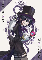  1boy adjusting_clothes adjusting_headwear alternate_costume black_capelet black_hair black_shorts black_thighhighs blush bow bowtie buttons capelet card commentary danganronpa_(series) danganronpa_v3:_killing_harmony english_text explosive flipped_hair flower frilled_shirt frills from_side gloves grenade grin hair_between_eyes hat highres holding holding_grenade joker_(playing_card) long_sleeves looking_at_viewer male_focus medium_hair oma_kokichi playing_card puffy_sleeves purple_bow purple_bowtie purple_hair purple_ribbon ribbon rose saigawa_genshin shirt shorts simple_background smile solo suspenders teardrop_facial_mark thigh-highs top_hat 