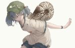  1girl alternate_costume blue_eyes blue_hair blue_nails blue_shorts casual contemporary cowboy_shot flat_cap green_headwear hair_bobbles hair_ornament hat kawashiro_nitori leaning_forward looking_at_animal looking_back medium_hair nail_polish nautilus_(animal) shirt short_sleeves shorts simple_background solo touhou two_side_up white_background white_shirt yukima_(yushika) 