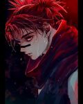 1boy 28cg black_background black_eyes black_hair black_scarf choso_(jujutsu_kaisen) facial_tattoo jujutsu_kaisen letterboxed looking_at_viewer male_focus parted_lips scarf short_hair solo tattoo upper_body water_drop wet_face 